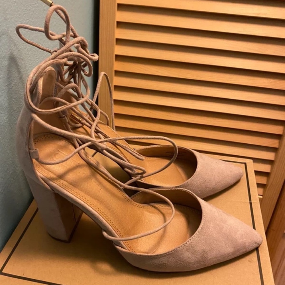 ASOS Lace-Up Block Heels in Beige